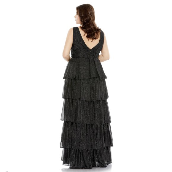 Mac Duggal 68131 Size 22W 22 Black Silver Shimmer Tiered Chiffon Maxi Gown Dress - Picture 3 of 14